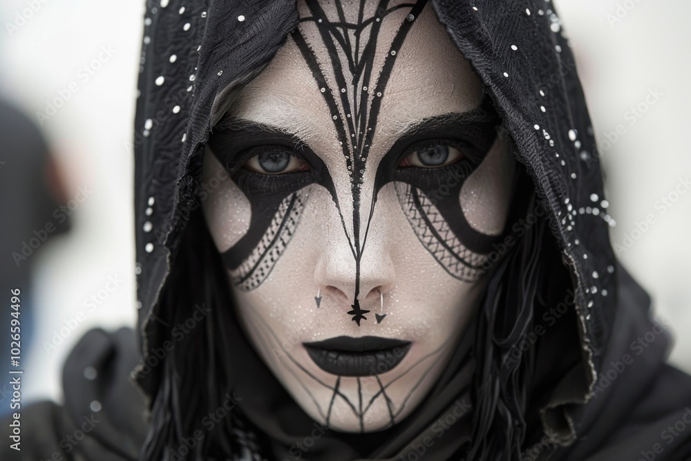 Close-up portrait of person with intricate black and white makeup, wearing hooded cloak, creating dark and mysterious vibe. detailed face paint adds gothic and eerie aesthetic Close-up portrait of person with intricate black and white makeup, wearing hooded cloak, creating dark and mysterious vibe. detailed face paint adds gothic and eerie aesthetic