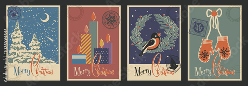 Mid Century Modern Style Christmas Postcards. 1950s Style Illustrations, Decorative Christmas Wreath, Tree, Bullfinch, Candles, Mittens. Postal Imprints, Retro Colors and Style