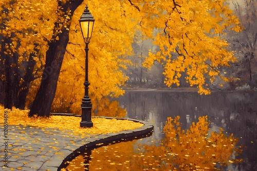 Street lamp in an autumn park with orange and yellow leaves scattered around, creating a serene and peaceful evening setting.