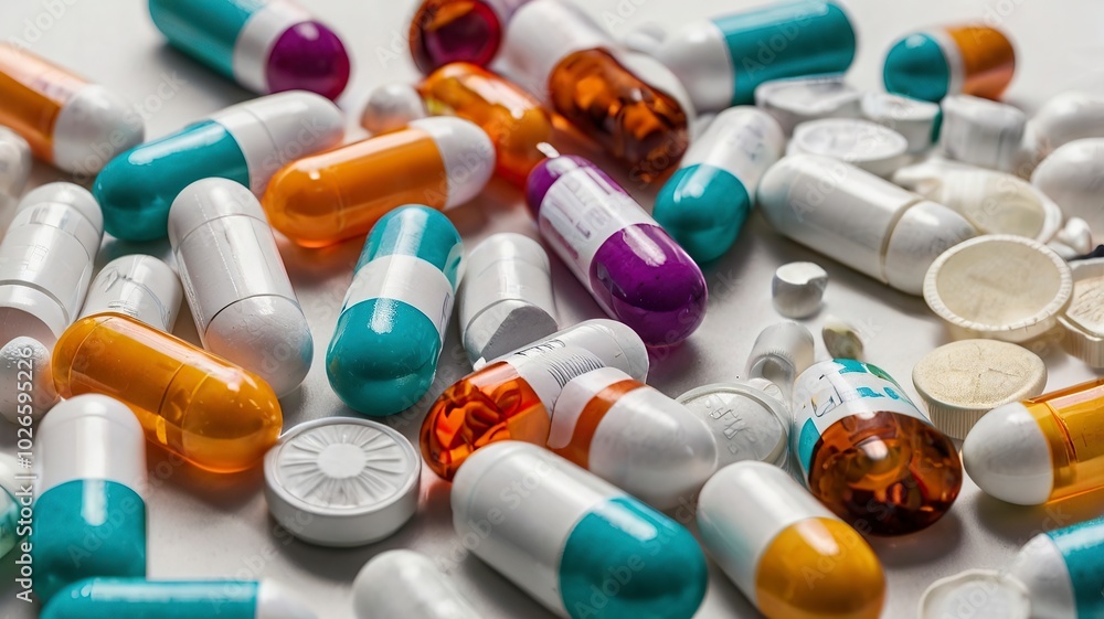 New Photo medicine capsules scattered on white surface pills spill from pharmacy bottles background