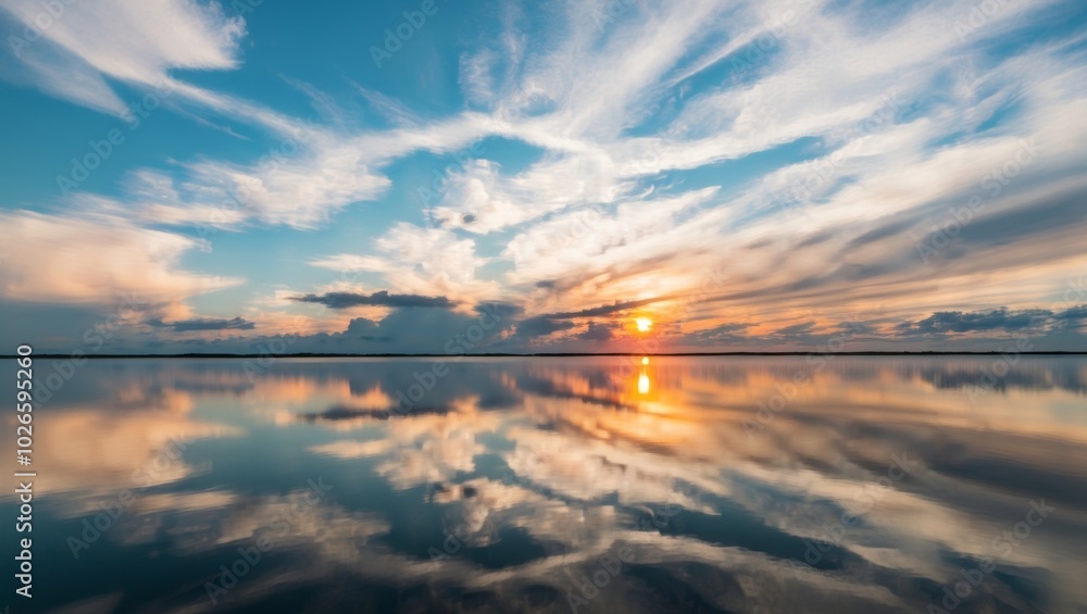 Fototapeta premium A expansive water body mirroring the sun and adorned with cloud formations in the sky.