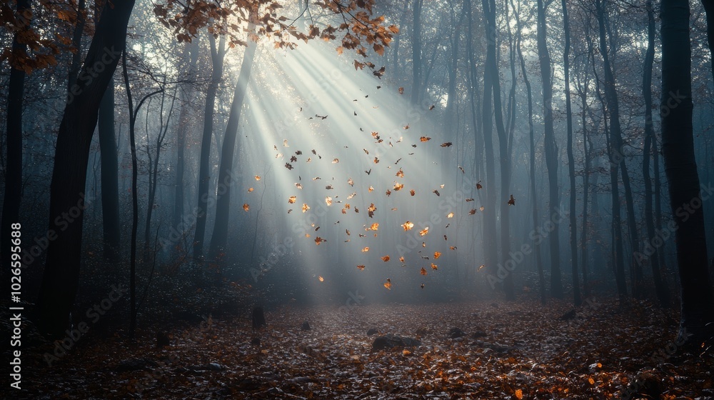 Fototapeta premium Misty Forest with Sun Rays and Falling Autumn Leaves