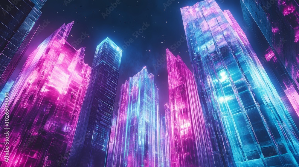 Futuristic Neon Cityscape with Pink and Blue Skyscrapers at Night Futuristic Neon Cityscape with Pink and Blue Skyscrapers at Night