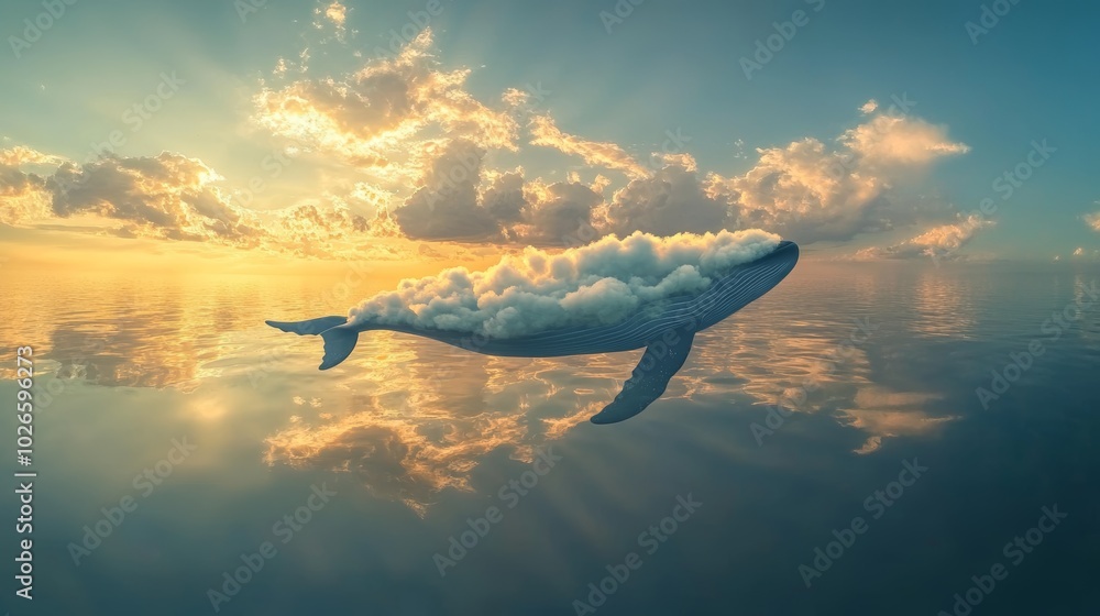 Fototapeta premium Surreal Sky Whale Floating in Tranquil Ocean at Dreamy Sunset Reflection