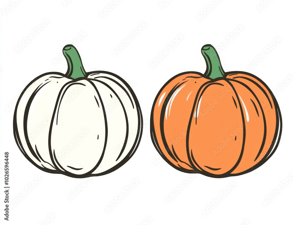 two pumpkins on a white background, featuring an orange and green color palette. two pumpkins on a white background, featuring an orange and green color palette.