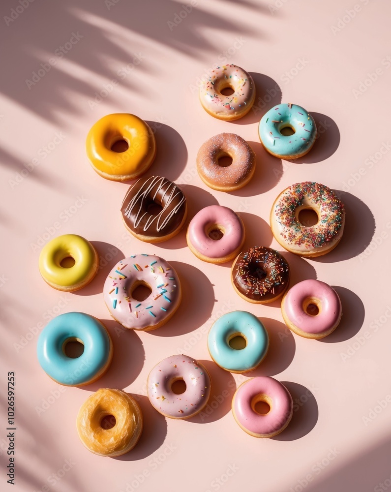 Fototapeta premium Colorful assorted donuts on pastel pink background.