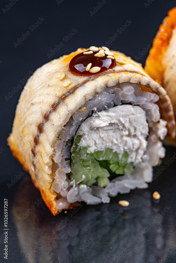Exquisite Sushi Roll with Creamy Filling and Toppings Exquisite Sushi Roll with Creamy Filling and Toppings