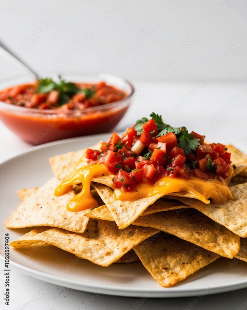 Delicious nachos with fresh salsa and melted cheese. Delicious nachos with fresh salsa and melted cheese.
