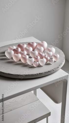 A cluster of pink glass hearts positioned atop a cement surface adjacent to one another atop a table.