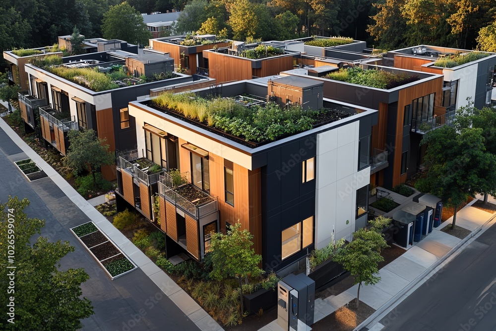Image showcasing 2 A modern apartment complex with a rooftop garden and compost bins ...