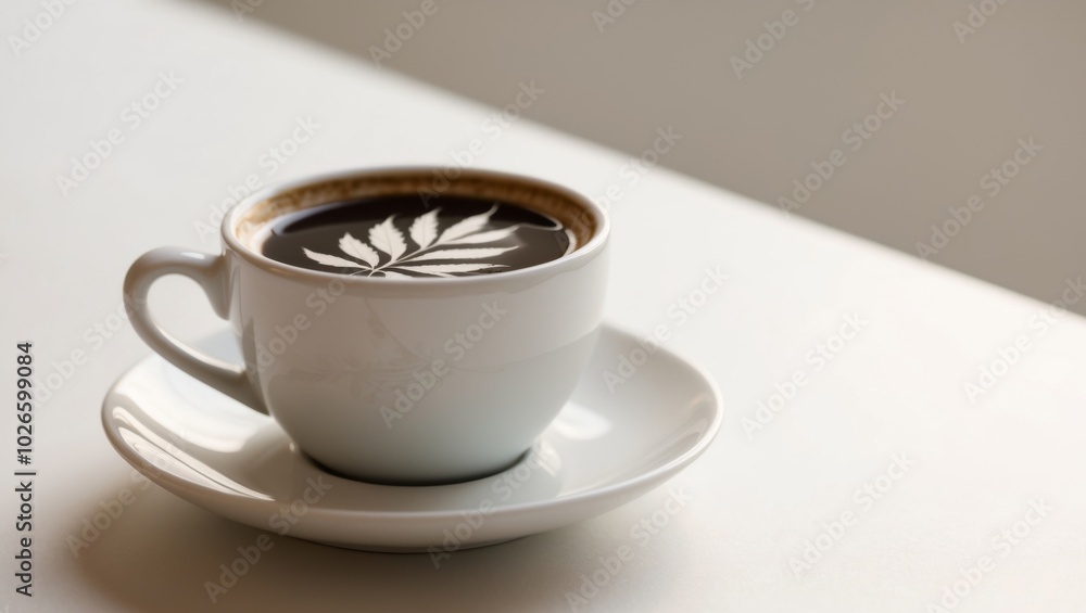 Fototapeta premium A Cup of Coffee with a Leaf Design on Top.