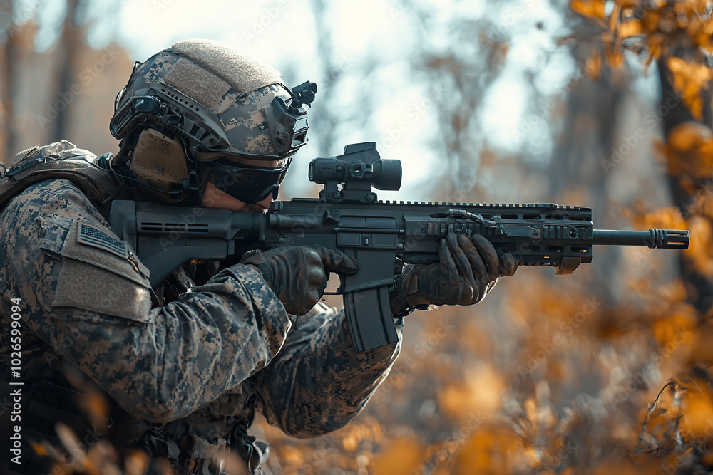 Soldier with assault rifle in military uniform is ready for storm Soldier with assault rifle in military uniform is ready for storm