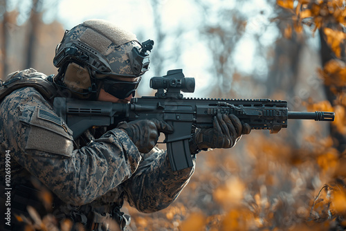 Soldier with assault rifle in military uniform is ready for storm