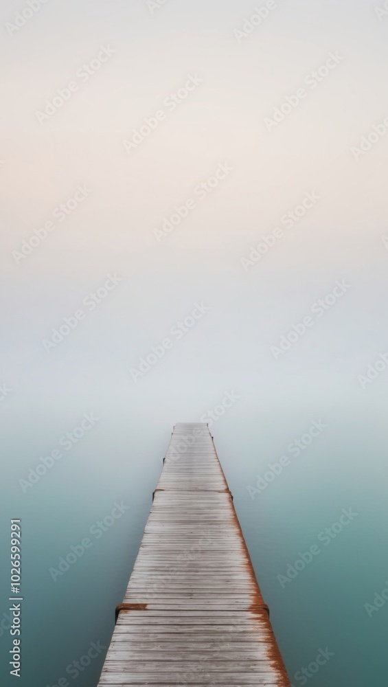 A pier stretches across a foggy blue body of water. A pier stretches across a foggy blue body of water.