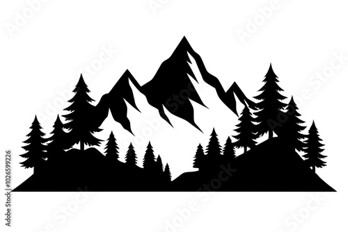 Mountain forest engraving vector silhouette | vector silhouette illustration on white background