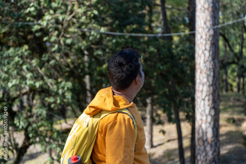 Man in yellow hood gazes at sunlit dense forest.Sunlight is coming through huge trees and woodland scene features diverse trees, dry grass and sloping terrain.Captured during hike in lansdowne, India.