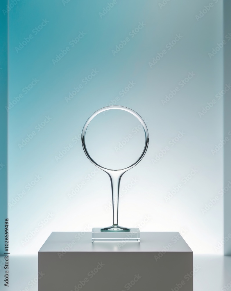 A glass award with a circular design sits on a table in front of a blue background. A glass award with a circular design sits on a table in front of a blue background.