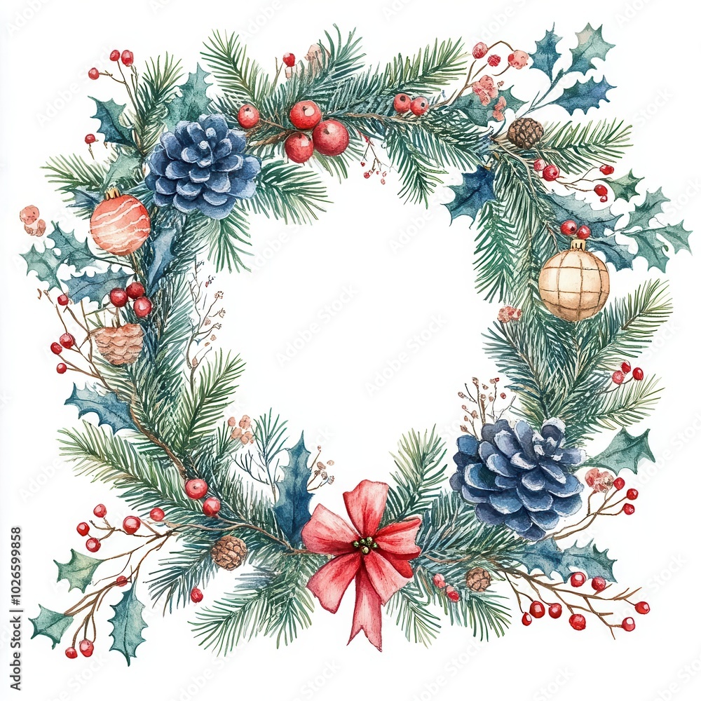Craft a gentle watercolor of Merry Christmas embraced by a wreath of pine, mistletoe, and dainty floral accents Craft a gentle watercolor of Merry Christmas embraced by a wreath of pine, mistletoe, and dainty floral accents