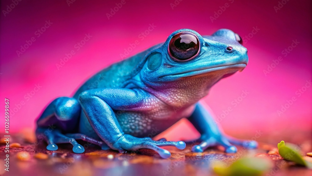 Naklejka premium Cute Blue Frog Macro Photography on Pink Background - Perfect for Nature Lovers and Decor