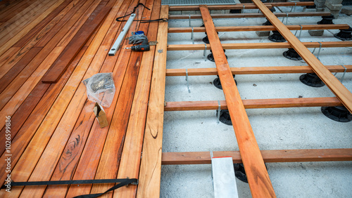 Wooden outside deck construction in progress