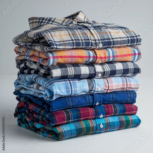 Neatly Folded Plaid Shirts on White Background