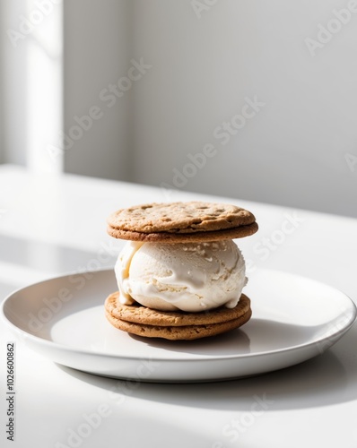 Delicious Ice Cream Sandwich on a White Plate.