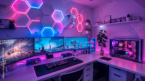 Vibrant gaming setup with neon-lit hexagonal wall panels. Multiple monitors display futuristic cityscapes and space scenes. RGB lighting creates an immersive cyberpunk atmosphere for high-tech enterta