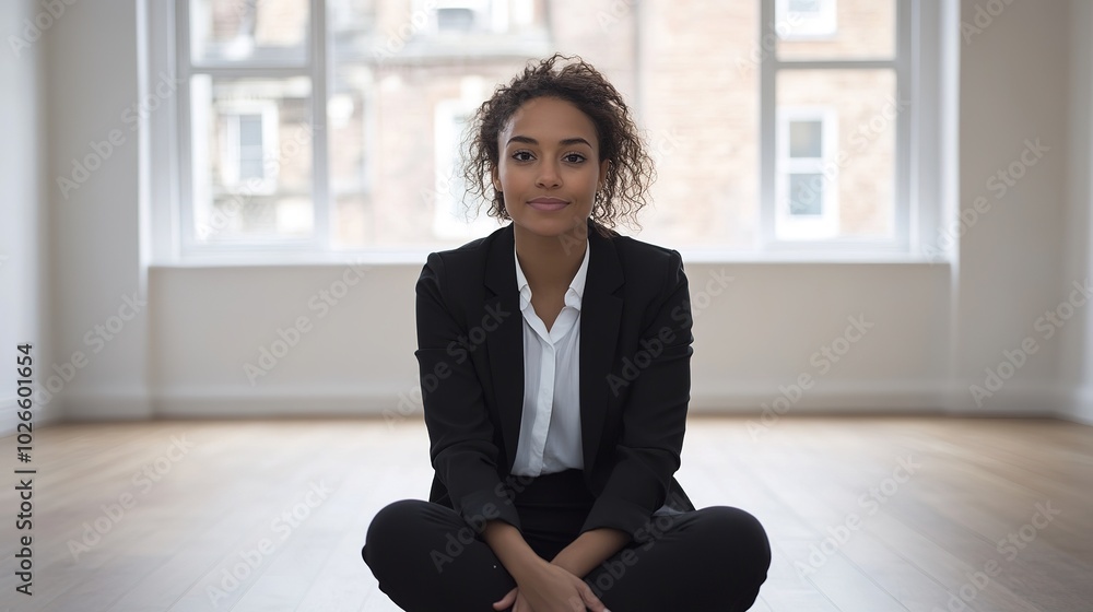 A female estate agent in formal attire, sitting in an empty office space, exuding confidence and professionalism in a diverse and inclusive work environment A female estate agent in formal attire, sitting in an empty office space, exuding confidence and professionalism in a diverse and inclusive work environment