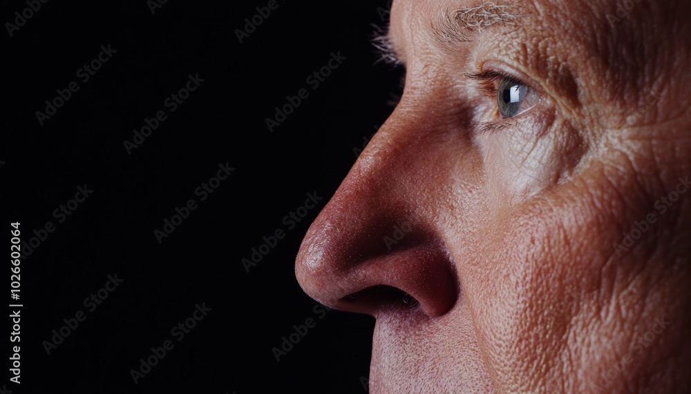 Fototapeta premium Aged man s face in sharp focus, highlighting wrinkles and deep lines, his thoughtful expression reflecting decades of experience and wisdom