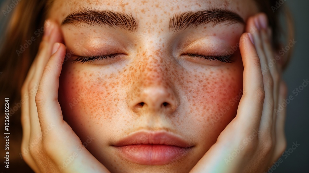 Freckled woman with closed eyes touching face Freckled woman with closed eyes touching face
