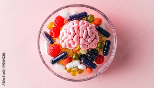 Brain-shaped model placed in a bowl of mixed vitamins and fruits, symbolizing the connection between diet, supplements, and cognitive health photo