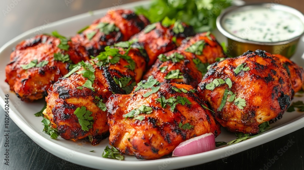 A plate of grilled chicken with a side of yogurt dip, garnished with cilantro and a red onion. A plate of grilled chicken with a side of yogurt dip, garnished with cilantro and a red onion.