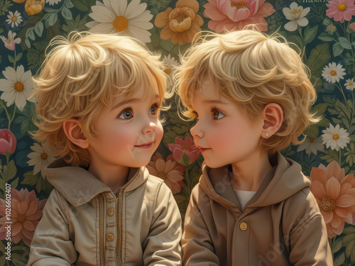 Two Little Children Smiling Among Flowers