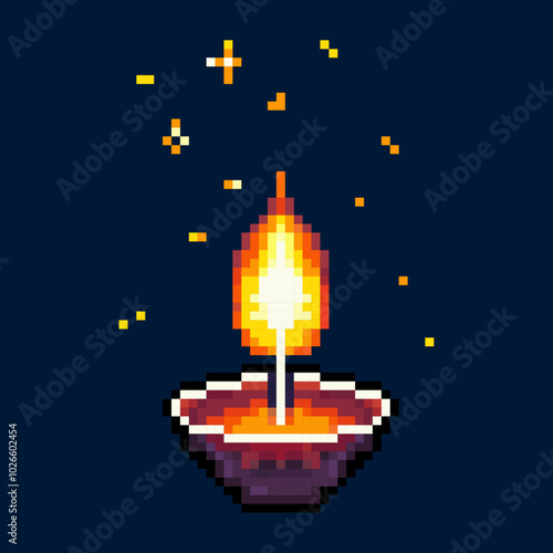  Pixel art candle with glowing flame, happy diwali celebration, light diwali candle in pixel art style.