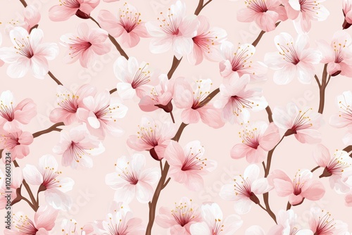 Repeating pattern of cherry blossoms in light pink tones on a soft pastel background, evoking the beauty of spring