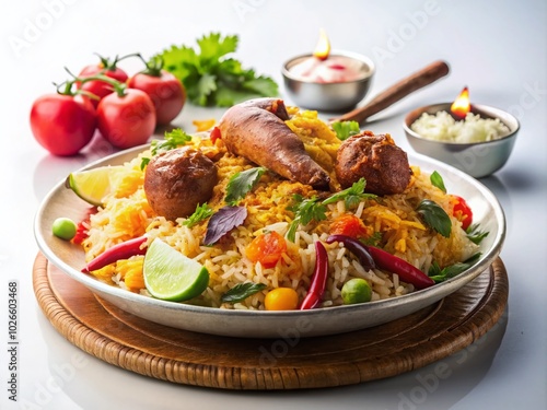 Authentic Biryani Dish on White Background - Aromatic Spiced Rice with Chicken, Mutton, and Vegetables for Food Lovers and Culinary Enthusiasts