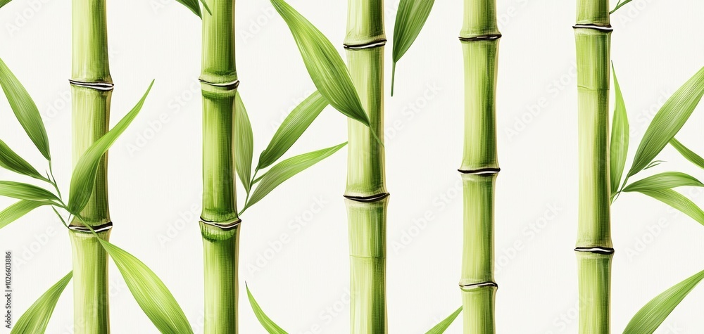 Seamless pattern of bamboo stalks in green and yellow tones on a light background, adding a peaceful, Zen-inspired feel Seamless pattern of bamboo stalks in green and yellow tones on a light background, adding a peaceful, Zen-inspired feel