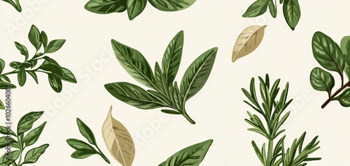 Seamless pattern of garden herbs like basil, thyme, and parsley on a soft beige background, perfect for a kitchen garden theme