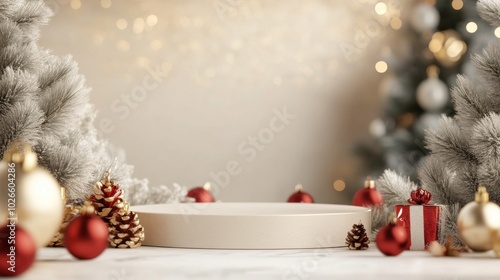 Empty round white podium among Christmas decorations on light background