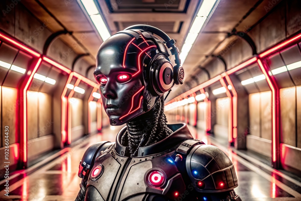 Dark Cyborg Robot with Neon Earphones in Sci-Fi Corridor - Futuristic High Depth of Field Image Dark Cyborg Robot with Neon Earphones in Sci-Fi Corridor - Futuristic High Depth of Field Image