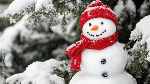 A classic snowman with a red scarf, standing next to a snowy tree. photo