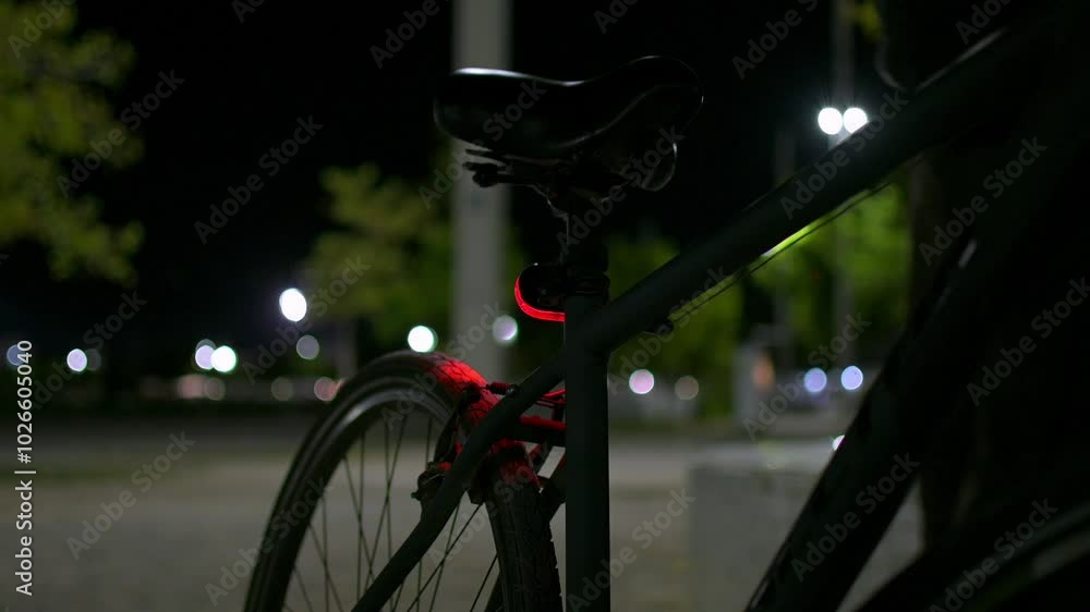 Static shot footage shows a bike with a blinking  back red light. A person rides it and disappear in the blurry field of view. Footage shot at night.