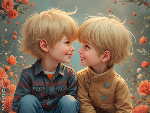 Two Little Children Smiling Among Flowers