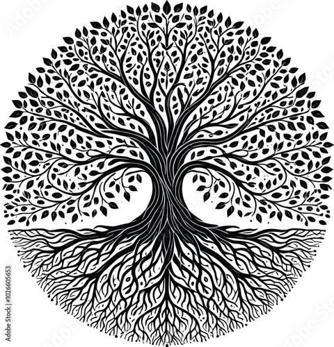 Yggdrasil tree, tree with roots, vector isolated on white background, vector illustration,