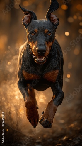 A Doberman Running in Natural Light, Hyperrealistic Postprocessed AR Generative AI photo