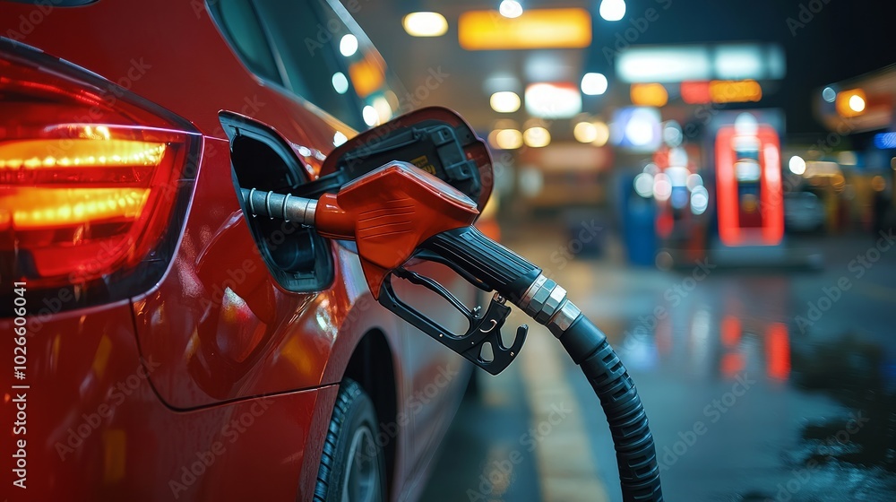 A red car being filled with gasoline at a gas station at night. A red car being filled with gasoline at a gas station at night.