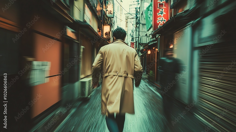 A man walks through a narrow alley, enveloped in a rainy atmosphere, showcasing urban exploration and mystery. A man walks through a narrow alley, enveloped in a rainy atmosphere, showcasing urban exploration and mystery.
