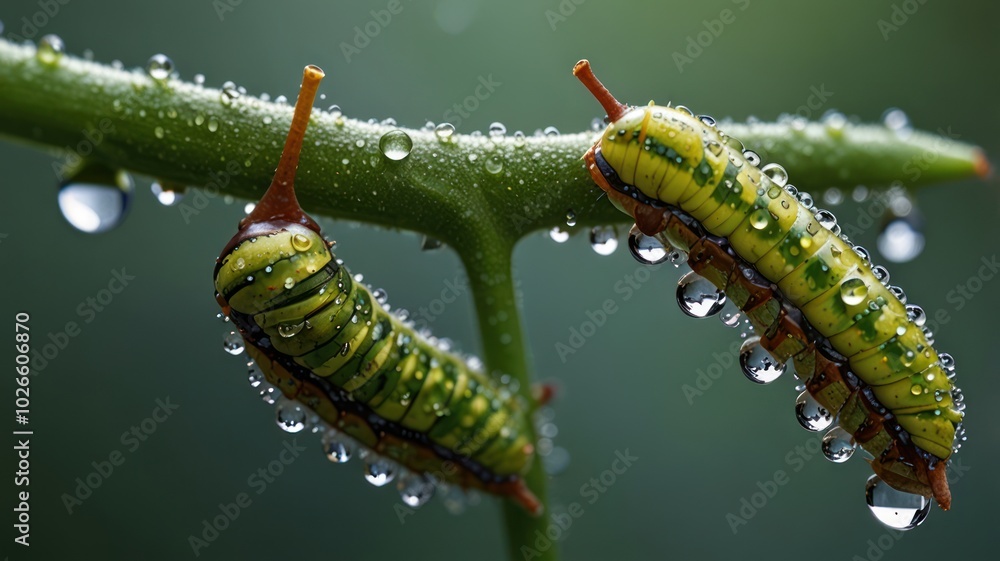 Naklejka premium Two green caterpillars with black stripes, clinging to a wet green stem with raindrops.