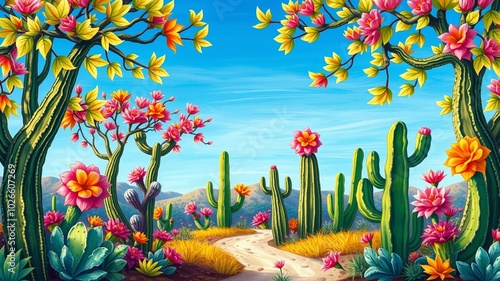 A vibrant PNG illustration features a whimsical border of colorful cacti trees with dynamic design elements and bold photo