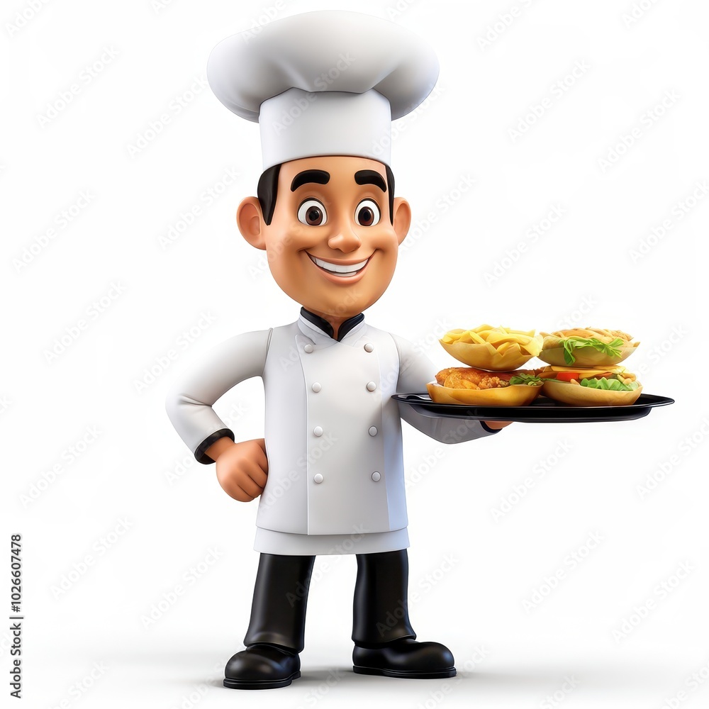 A cheerful cartoon chef holding a tray of food, showcasing culinary skills and hospitality. A cheerful cartoon chef holding a tray of food, showcasing culinary skills and hospitality.